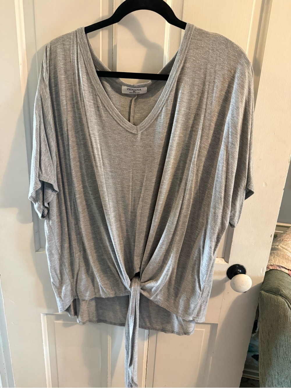 Zenana Outfitters Heather Gray V-Neck Tie-Front Short Sleeve Top